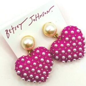 BETSEY JOHNSON Barbie Hot Pink Pearl & Crystal-Studded Heart Earrings NEW NWT